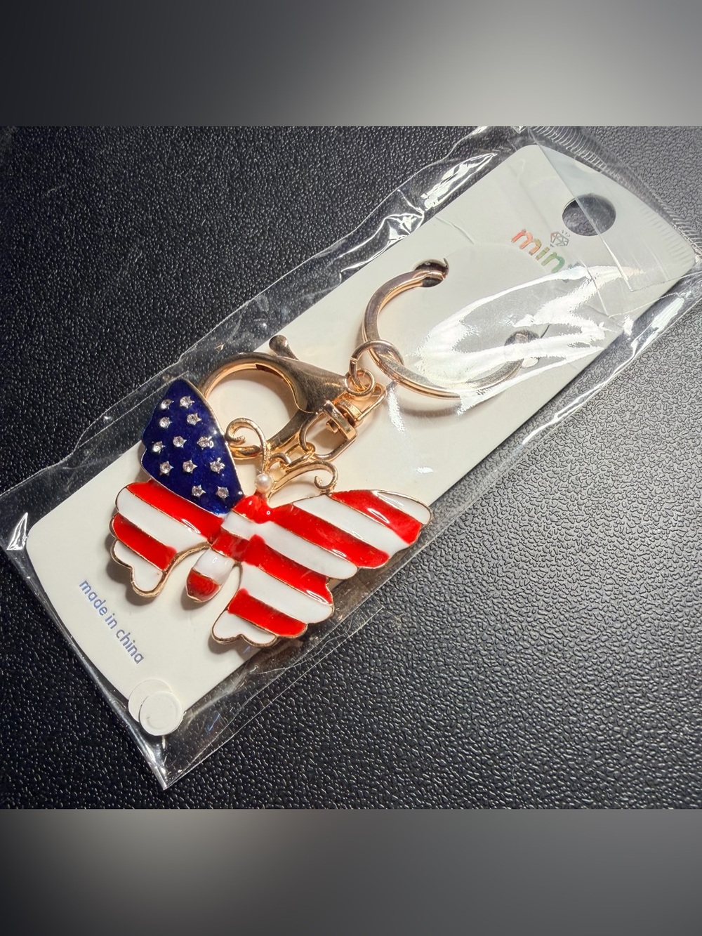 Mint Butterfly Key Chain in Red, White & Blue Enamel